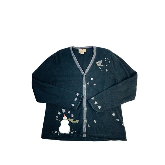 Vintage Snowman Snow Flakes Faded Cardigan Sweater Black - Picture 1 of 9
